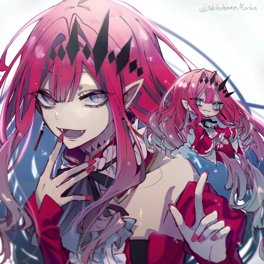 2girls, baobhan_sith_(fate), baobhan_sith_(first_ascension)_(fate), bare_shoulders, breasts, chibi, circlet, detached_collar