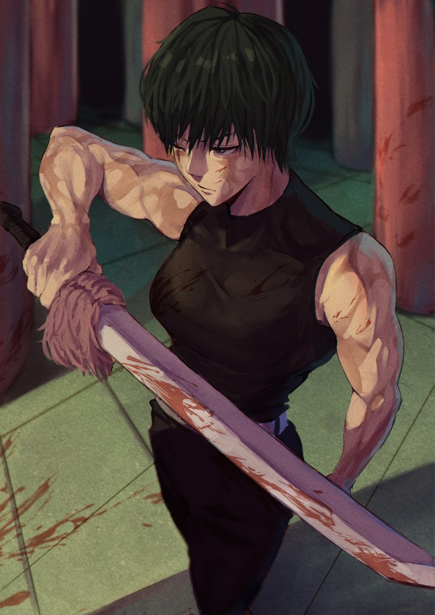 1girl, angusbeef30, bare_arms, belt, biceps, black_hair, black_pants, blood, blood_on_clothes, blood_splatter, blood_stain, bloody_weapon, burn_scar, green_hair, high-waist_pants, highres, holding, holding_weapon, jujutsu_kaisen, looking_away, muscular, muscular_female, one_eye_closed, pants, pillar, scar, scar_across_eye, scar_on_face, shirt, short_hair, sleeveless, sleeveless_shirt, spoilers, standing, sword, weapon, zen'in_maki, zen'in_maki_(post_shibuya)