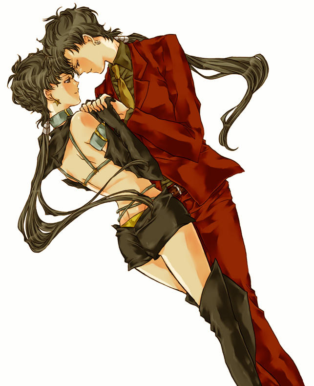 1990s_(style), 1boy, 1girl, bishoujo_senshi_sailor_moon, bishoujo_senshi_sailor_moon_sailor_stars, bishoujo_senshi_sailor_moon_stars, black_gloves, black_hair, couple, crossdressing, dual_persona, dutch_angle, earrings, formal_clothes, fragrant_olive, gender_request, genderswap, gloves, hetero, jewelry, kou_seiya, long_hair, magical_girl, retro_artstyle, reverse_trap, sailor_star_fighter, seiya_kou, shorts, suit, time_paradox, white_background