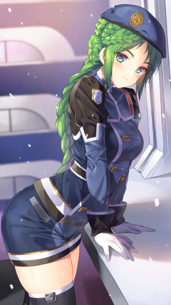 1girl, anne_petriceani, beret, blue_hat, blue_shorts, blush, braid, bucchake_(asami)