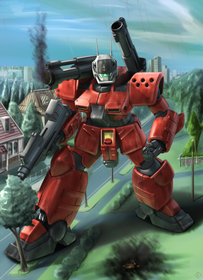 1980s_(style), cannon, colony_interior, gun, guncannon, guncannon_mp_type, gundam, gundam_0080, machine_gun, mecha, nature, no_humans, oldschool, outdoors, raybar, retro_artstyle, robot, sky, smoke, solo, weapon