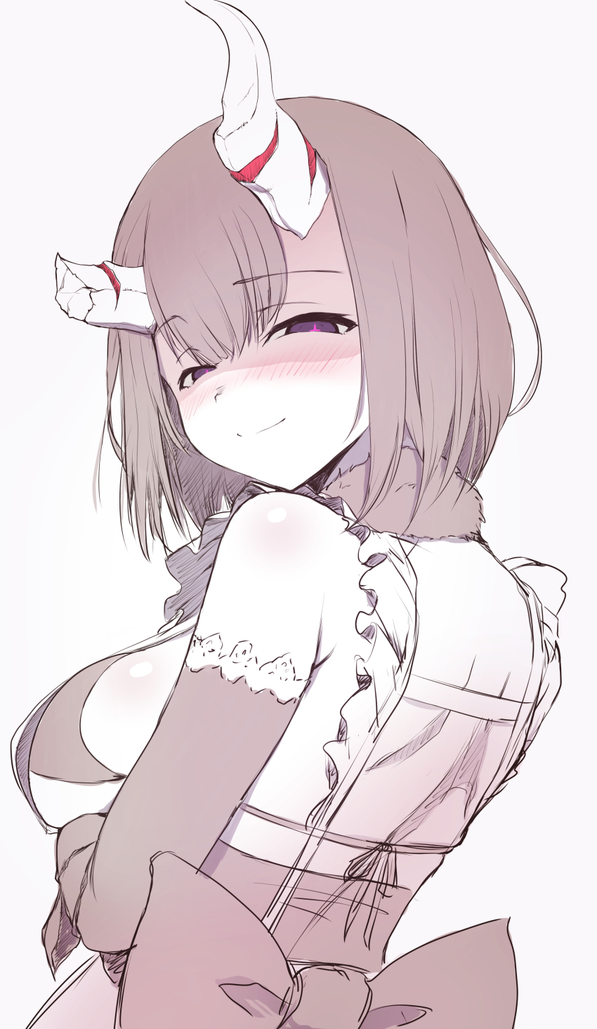 1girl, absurdres, apron, blush, bow, bra, breasts, broken_horn