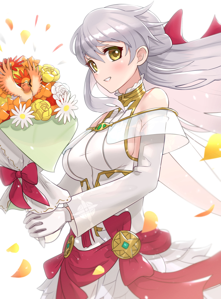 1girl, absurdres, bare_shoulders, bird, blush, bouquet, breasts, bride, detached_sleeves, dress, fire_emblem, fire_emblem:_radiant_dawn, fire_emblem_heroes, flower, gloves, gonzarez, grin, highres, long_hair, looking_at_viewer, medium_breasts, micaiah_(bridal)_(fire_emblem), micaiah_(fire_emblem), nintendo, official_alternate_costume, sideboob, silver_hair, simple_background, sleeveless, sleeveless_dress, smile, solo, turtleneck, turtleneck_dress, veil, wedding_dress, white_background, white_dress, white_gloves, yellow_eyes, yune_(fire_emblem)