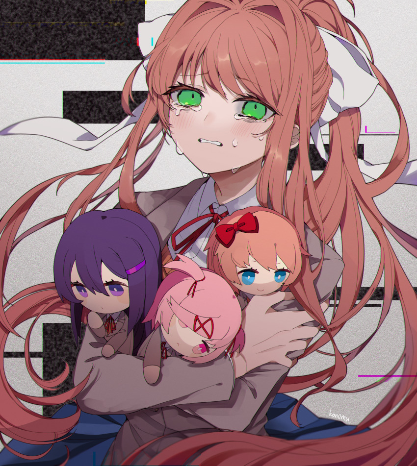 4girls, bow, brown_hair, character_doll, crying, crying_with_eyes_open, doki_doki_literature_club, doll, green_eyes, hair_ornament, hairclip, highres, hug, long_hair, monika_(doki_doki_literature_club), multiple_girls, natsuki_(doki_doki_literature_club), pink_eyes, pink_hair, purple_eyes, purple_hair, red_ribbon, ribbon, sayori_(doki_doki_literature_club), school_uniform, short_hair, skirt, stuffed_toy, tears, twintails, user_xyxr8482, yuri_(doki_doki_literature_club)