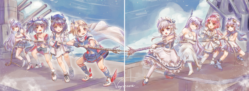 >_<, 6+girls, anchor_choker, apron, artillery, artist_name, azur_lane, bare_shoulders