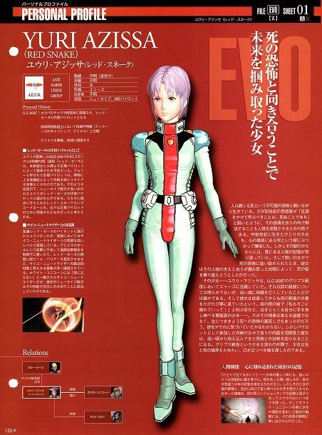 00s, 1girl, breasts, character_profile, gundam, gundam_evolve, japanese_text, military