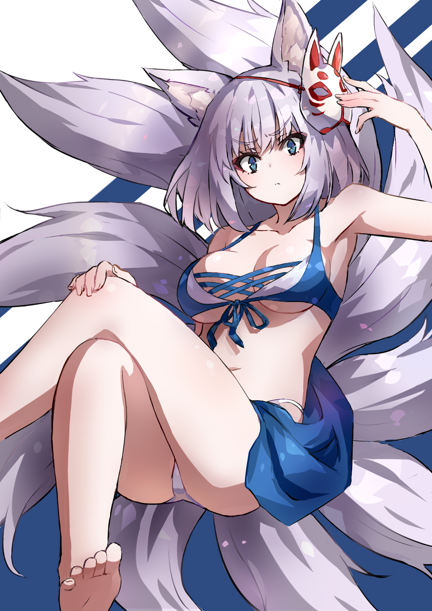 1girl, animal_ears, azur_lane, bikini, blue_bikini, blue_eyes, blue_sarong, breasts, eyeliner, fox_ears, fox_girl, fox_mask, fox_tail, highres, kaga_(azur_lane), kaga_(everlasting_killing_stone)_(azur_lane), kitsune, kyuubi, makeup, mask, mask_on_head, multiple_tails, official_alternate_costume, ramuya_(lamb), sarong, swimsuit, tail, white_hair, white_tail