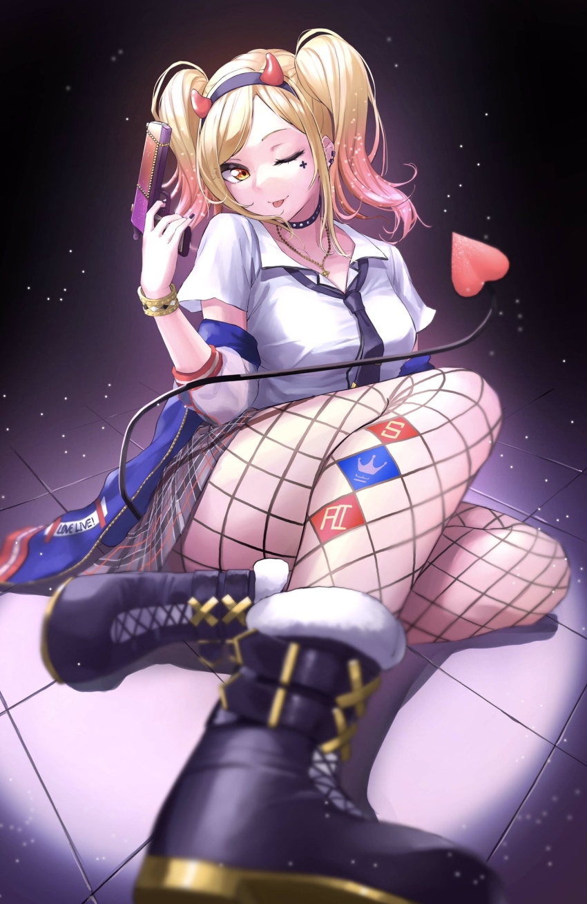 1girl, ;p, black_boots, black_choker, black_hairband, black_necktie, blonde_hair, blurry, boots, bracelet, choker, collared_shirt, demon_horns, demon_tail, depth_of_field, fake_horns, fishnet_pantyhose, fishnets, full_body, fur-trimmed_boots, fur_trim, gun, gyaru, hairband, handgun, highres, holding, holding_gun, holding_weapon, horns, jacket, jewelry, legs, letterman_jacket, loose_necktie, love_live!, love_live!_nijigasaki_high_school_idol_club, medium_hair, miniskirt, miyashita_ai, necklace, necktie, off_shoulder, one_eye_closed, orange_eyes, pantyhose, partially_unbuttoned, pistol, shinyoujurin, shirt, short_sleeves, sitting, skirt, smile, solo, studded_choker, swept_bangs, tail, tongue, tongue_out, twintails, weapon, white_jacket, white_shirt, yellow_eyes