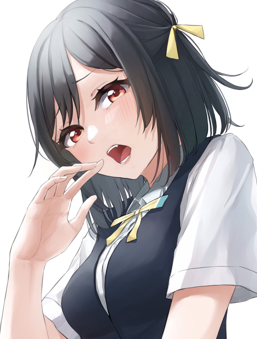 1girl, black_hair, blue_vest, blush, embarrassed, fang, from_behind, hair_ribbon