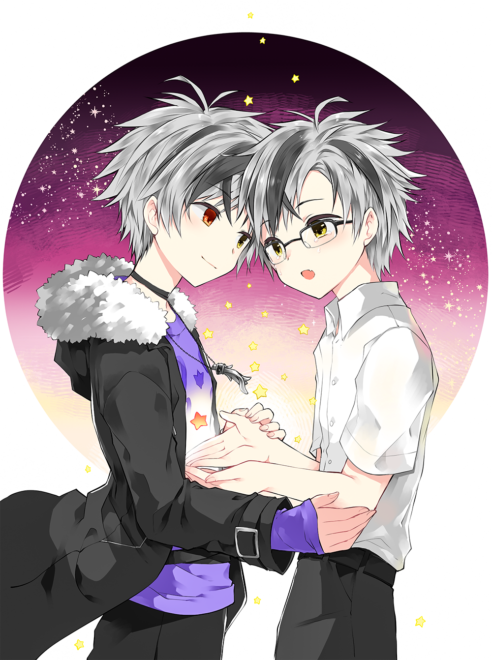 2boys, black-framed_eyewear, black_choker, black_hair, black_jacket, black_pants, blush, brown_eyes