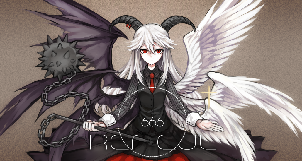 1girl, 666, angel_wings, character_name, demon_girl, demon_horns, demon_wings, expressionless