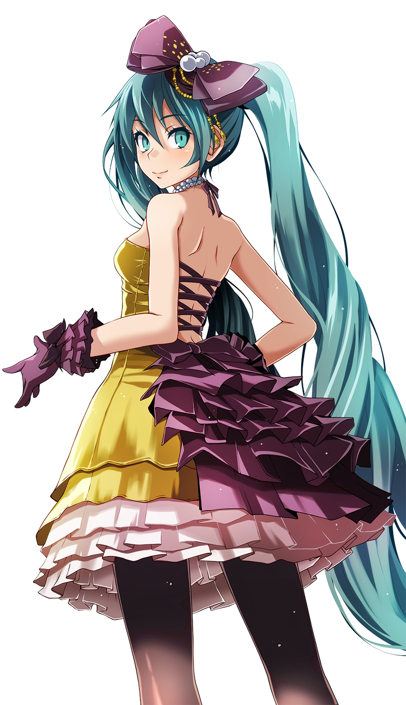 1girl, aqua_eyes, black_pantyhose, blue_hair, bow, closed_mouth, dress, from_behind, gloves, hair_between_eyes, hair_bow, hatsune_miku, hatsune_miku_(siren), highres, kochira_koufuku_anshin_iinkai_desu_(vocaloid), layered_dress, long_hair, looking_at_viewer, looking_back, pantyhose, project_diva_(series), purple_bow, purple_gloves, short_dress, shoulder_blades, simple_background, sleeveless, sleeveless_dress, smile, solo, standing, tsukishiro_saika, twintails, very_long_hair, vocaloid, white_background, yellow_dress