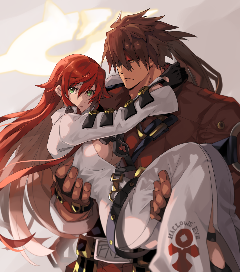 1boy, 1girl, aria_(guilty_gear), bad_id, bad_pixiv_id, bell-bottoms, bodysuit, broken_halo, brown_hair, carrying, spiked_halo, forehead_protector, green_eyes, guilty_gear, guilty_gear_strive, halo, jack-o'_valentine, long_hair, no_bra, pants, princess_carry, red_hair, riarashu, sol_badguy, very_long_hair, white_bodysuit