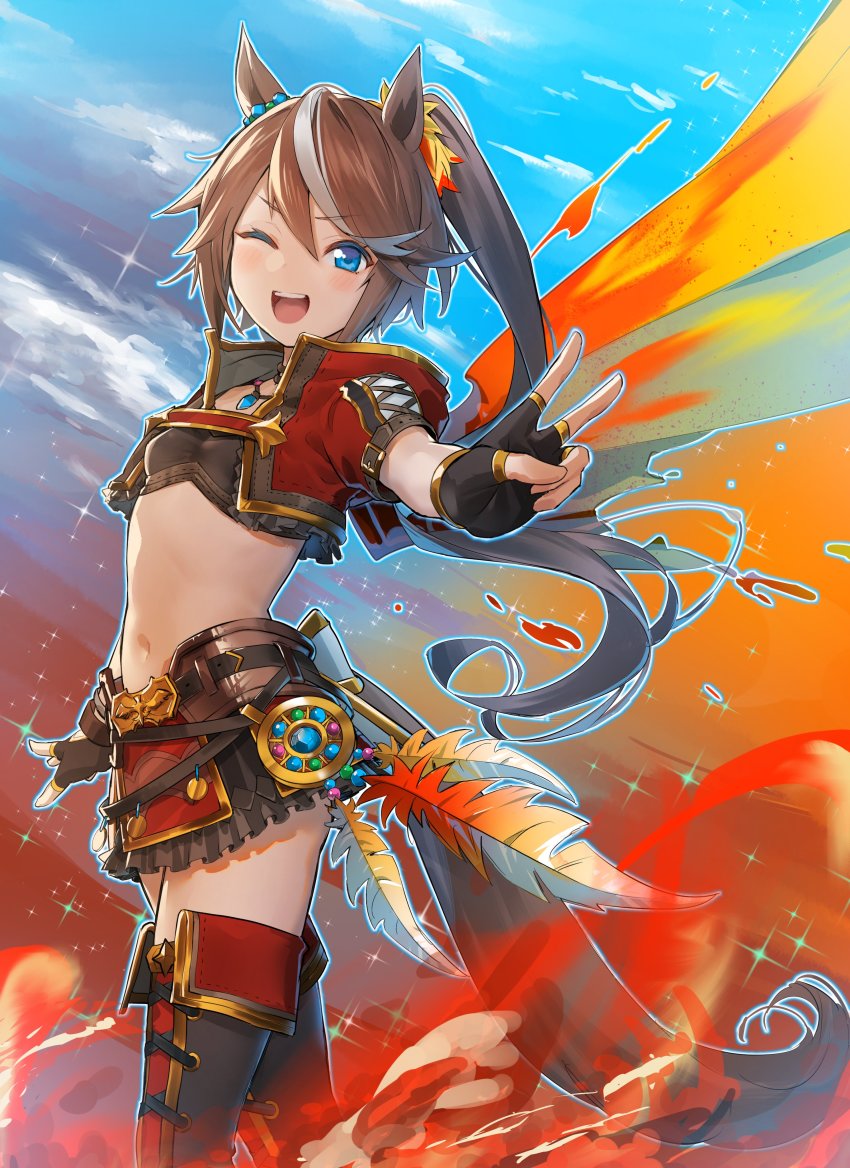 1girl, ;d, absurdres, animal_ears, belt, black_gloves, black_shirt, black_skirt