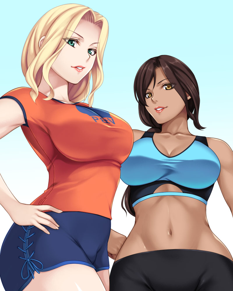 2girls, bare_shoulders, black_pants, blonde_hair, blue_background, blue_shorts, blue_sports_bra, breasts