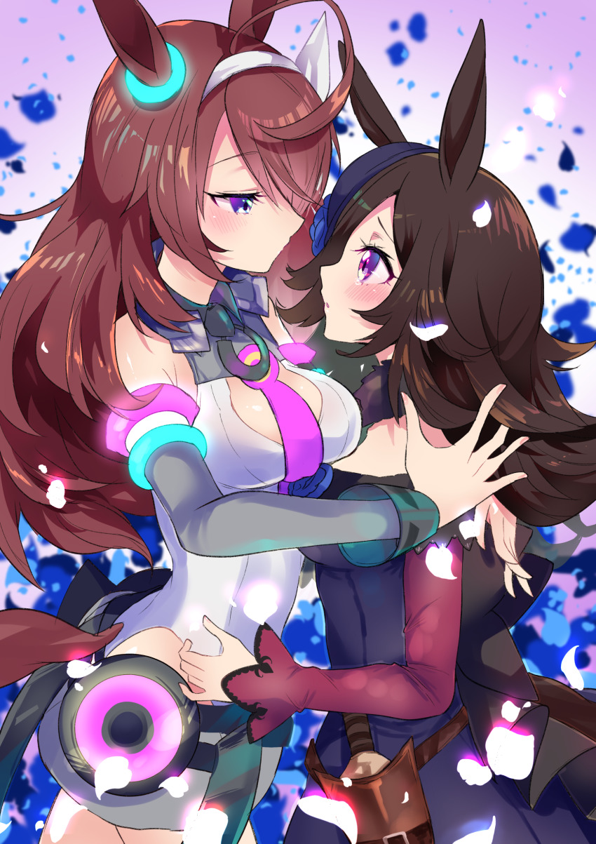 2girls, absurdres, ahoge, animal_ears, black_headwear, blue_dress, blue_eyes, blue_flower