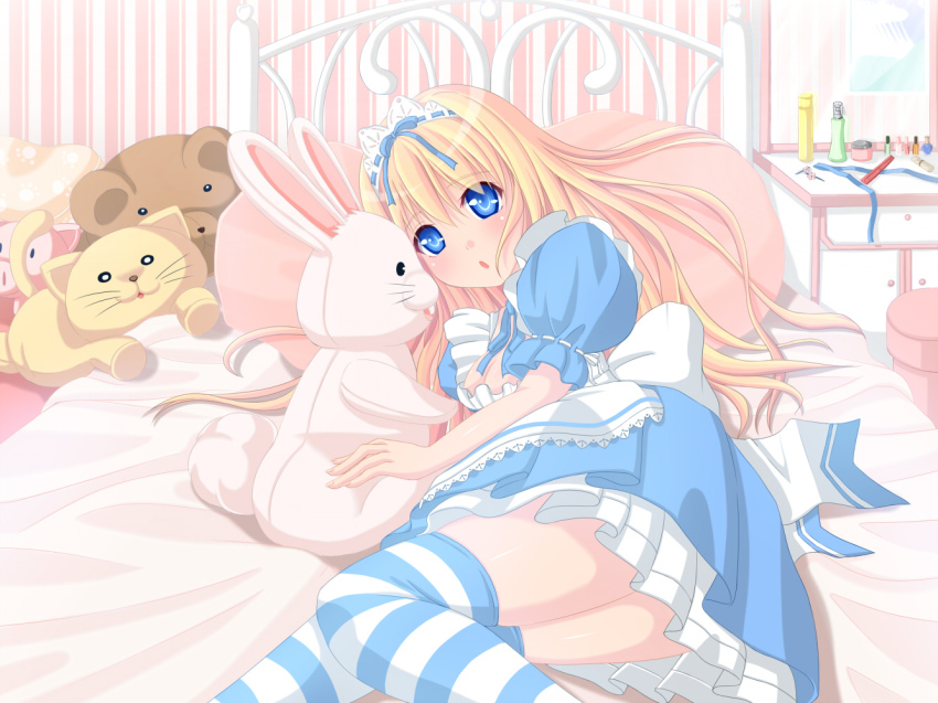 1girl, alice_(alice_in_wonderland), alice's_adventures_in_wonderland, animal_ears, bed, blonde_hair, blue_eyes, blush