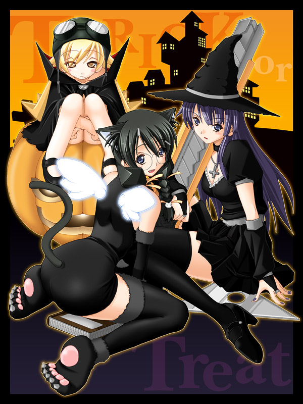 00s, 10s, 3girls, animal_ears, animal_hands, bakemonogatari, black_hair, blonde_hair