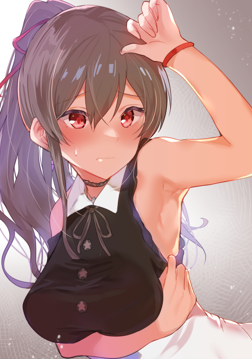 1girl, arito_arayuru, arm_up, armpits, blush, breasts, brown_hair, choker