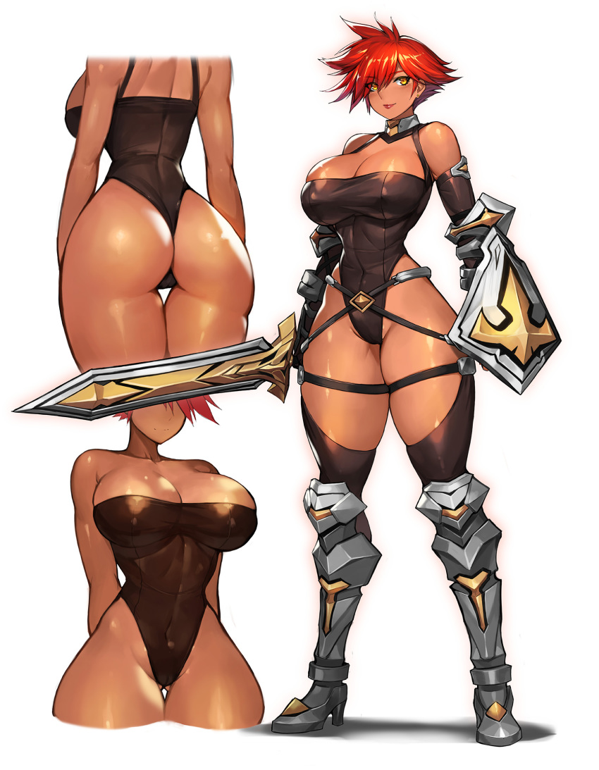 1girl, armored_boots, ass, belt, belt_buckle, boots, buckle, dark-skinned_female