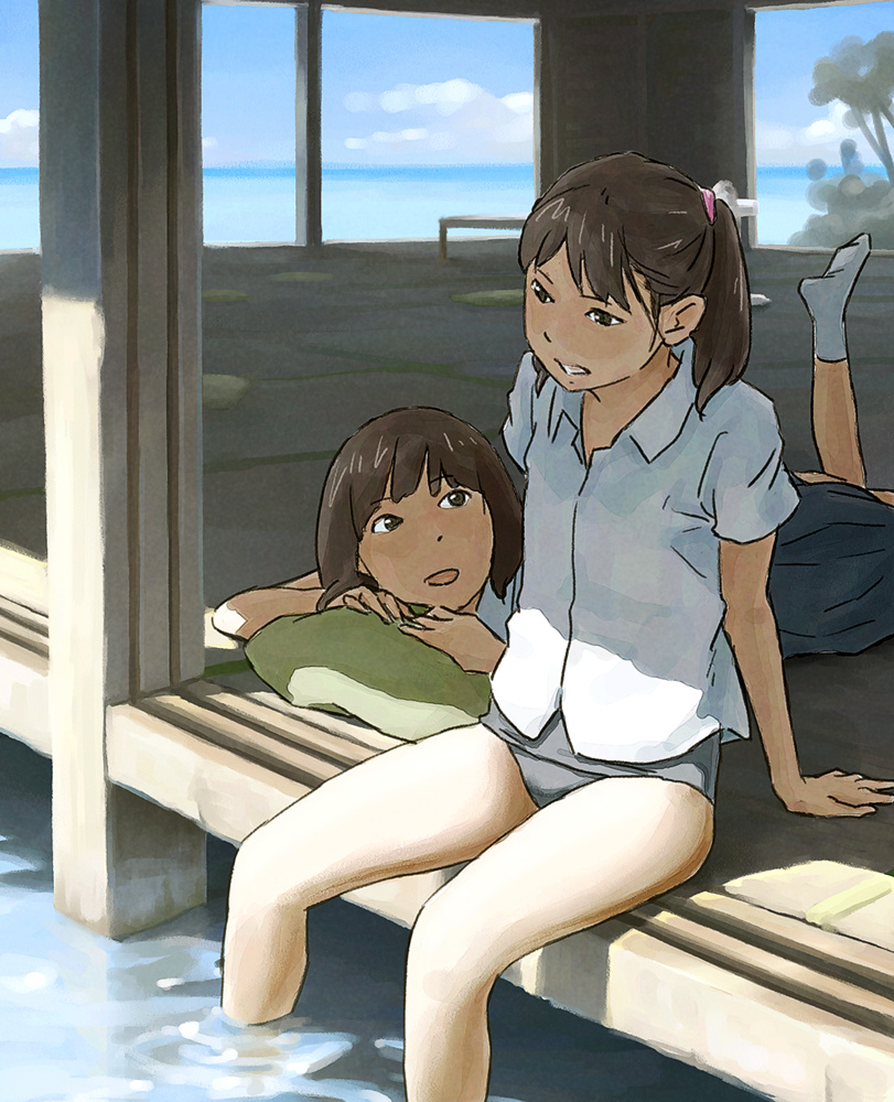 2girls, child, happy, legs, lying, multiple_girls, ocean, open_mouth
