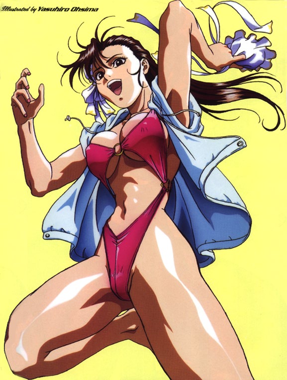 1990s_(style), 1girl, :d, alternate_costume, alternate_hairstyle, arm_up, armpits, arms_up, artist_name, bikini, black_eyes, black_hair, breasts, breasts_apart, brown_hair, bun_cover, capcom, chun-li, cleavage, covered_erect_nipples, double_bun, drawstring, female_focus, floating_hair, from_below, groin, hair_bun, hair_down, happy, holding, hood, hoodie, jacket, large_breasts, leg_lift, long_hair, looking_at_viewer, nail_polish, narrow_waist, navel, o-ring, o-ring_bikini, o-ring_top, official_art, ooshima_yasuhiro, open_clothes, open_hoodie, open_mouth, pink_nails, red_bikini, retro_artstyle, ribbon, shiny_skin, sideboob, simple_background, skindentation, slingshot_swimsuit, smile, solo, street_fighter, street_fighter_ii_(series), swimsuit, underboob, wide_hips, yellow_background