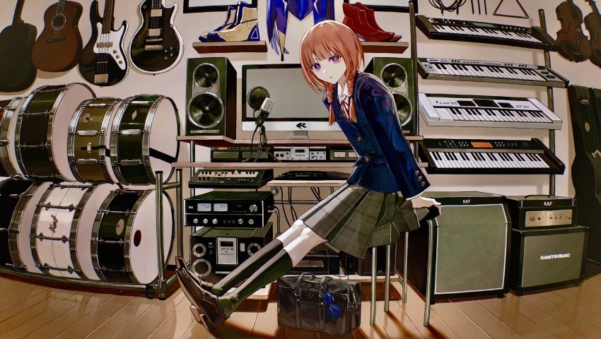 1girl, absurdres, acoustic_guitar, amplifier, bag, bass_guitar, blazer, boots, braid, collared_shirt, commentary_request, computer, computer_keyboard, denn_(naluse_flow), drum, electric_guitar, gibson_les_paul, guitar, guitar_case, highres, instrument, instrument_case, jacket, kaf_(kamitsubaki_studio), kamitsubaki_studio, keyboard_(instrument), kneehighs, loafers, long_hair, looking_at_viewer, low_twin_braids, microphone, mixing_console, monitor, multicolored_eyes, neck_ribbon, parted_lips, pink_hair, plaid_clothes, plaid_skirt, red_ribbon, ribbon, school_bag, school_uniform, shirt, shoes, sitting, skirt, snare_drum, socks, solo, speaker, triangle_(instrument), twin_braids, violin, virtual_youtuber, yellow_pupils