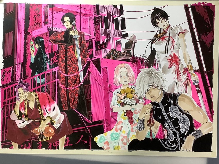 1other, 3boys, 3girls, alcohol, animal_print, black_hair, black_shirt, breasts