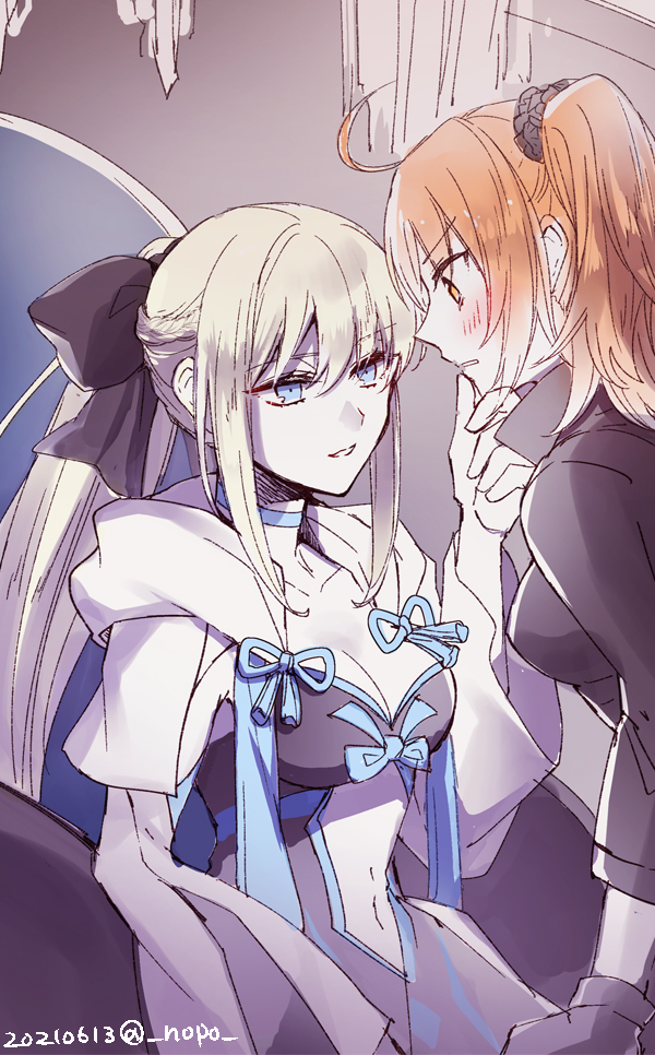 2girls, ahoge, black_dress, black_ribbon, black_scrunchie, blue_eyes, blush, braid, breasts, capelet, center_opening, choker, cleavage, dress, fate/grand_order, fate_(series), fujimaru_ritsuka_(female), fujimaru_ritsuka_(female)_(polar_chaldea_uniform), grey_hair, hair_between_eyes, hair_ribbon, half_up_braid, hand_on_another's_chin, long_hair, long_sleeves, morgan_le_fay_(fate), morgan_le_fay_(second_ascension)_(fate), multiple_girls, nopo_(patter), orange_eyes, orange_hair, ponytail, ribbon, scrunchie, side_ponytail, very_long_hair, white_capelet, wide_sleeves