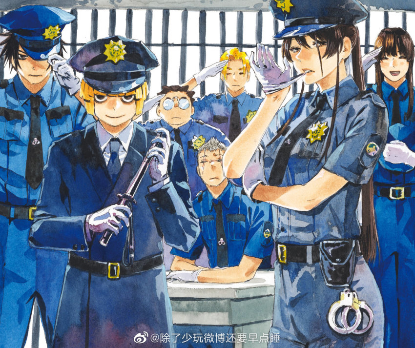 1girl, 6+boys, bags_under_eyes, belt, biting, biting_clothes, black_eyes, black_hair, blonde_hair, cuffs, gloves, handcuffs, jigokuraku, kaku_yuuji, long_hair, looking_at_viewer, multiple_boys, official_art, pale_skin, police, police_uniform, ponytail, salute, short_hair, yamada_asaemon_fuchi, yamada_asaemon_sagiri, yamada_asaemon_senta, yamada_asaemon_shion, yamada_asaemon_shugen, yamada_asaemon_tenza