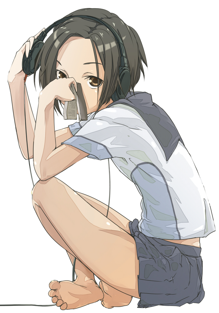 1girl, barefoot, black_hair, bob_cut, brown_eyes, feet, female_focus, headphones, kobayakawa_rinko, love_plus, nama_(namaiki), school_uniform, short_hair, simple_background, sitting, soles, solo