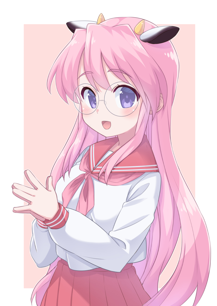 1girl, animal_ears, blush, commentary_request, cow_ears, cow_girl, cow_horns, glasses