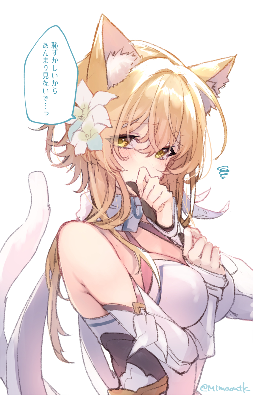 1girl, absurdres, animal_ears, bare_shoulders, blonde_hair, blush, cat_ears, cat_tail