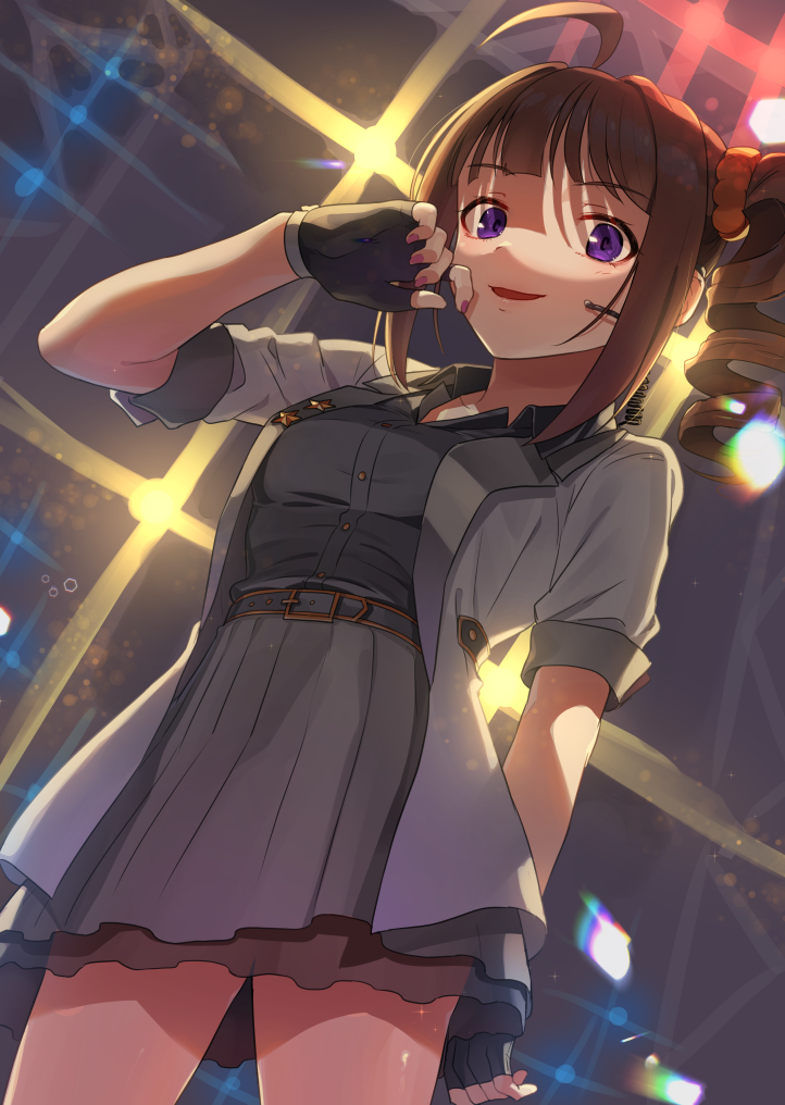 1girl, ahoge, arm_behind_back, belt, black_belt, black_gloves, black_shorts, blouse, blurry, blurry_background, brown_hair, commentary, cowboy_shot, diffraction_spikes, dress_shirt, drill_hair, english_commentary, fingerless_gloves, gloves, grey_shirt, grey_skirt, headset, idolmaster, idolmaster_million_live!, kamille_(vcx68), lady_grisaille_(idolmaster), looking_at_viewer, medium_hair, miniskirt, open_mouth, orange_scrunchie, pleated_skirt, purple_eyes, scrunchie, shirt, short_sleeves, shorts, side_drill, side_ponytail, skirt, smile, solo, stage_lights, standing, yokoyama_nao
