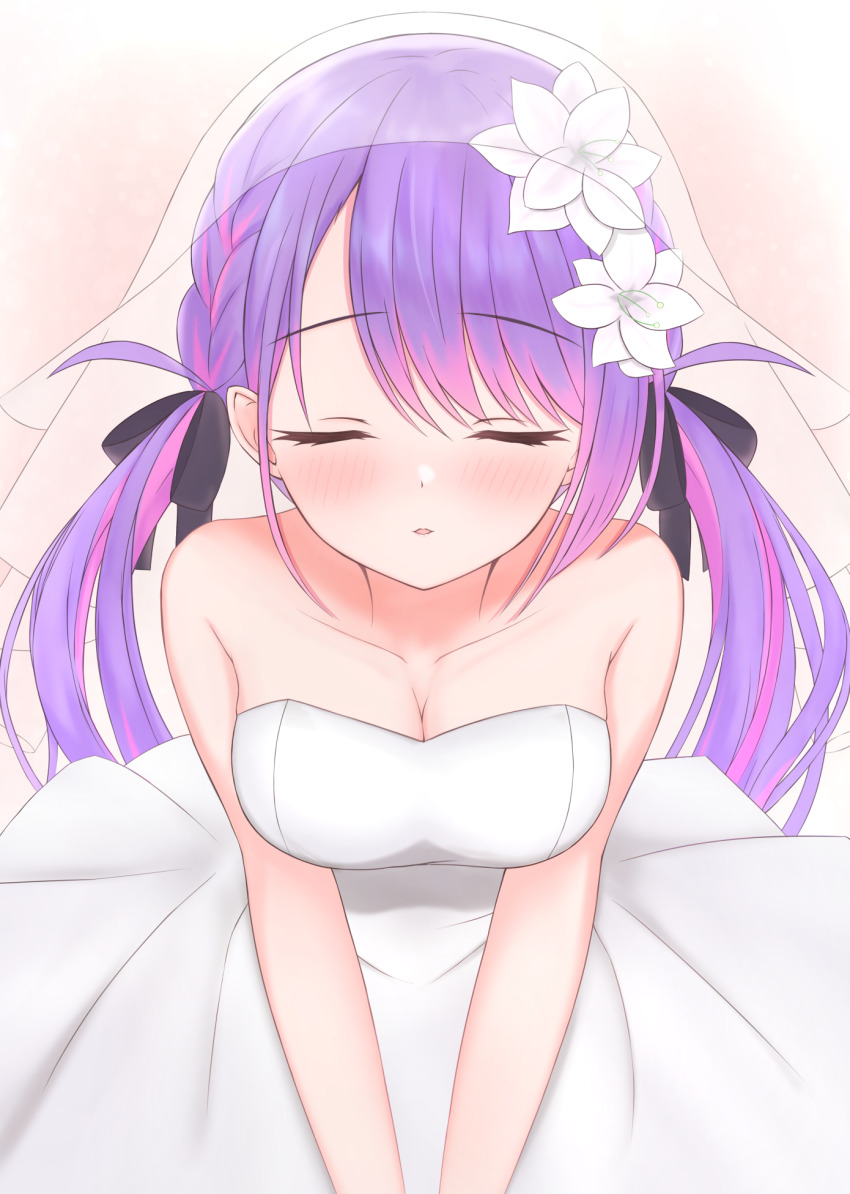 1girl, braid, breasts, bridal_veil, chocomaru, cleavage, collarbone, commentary_request
