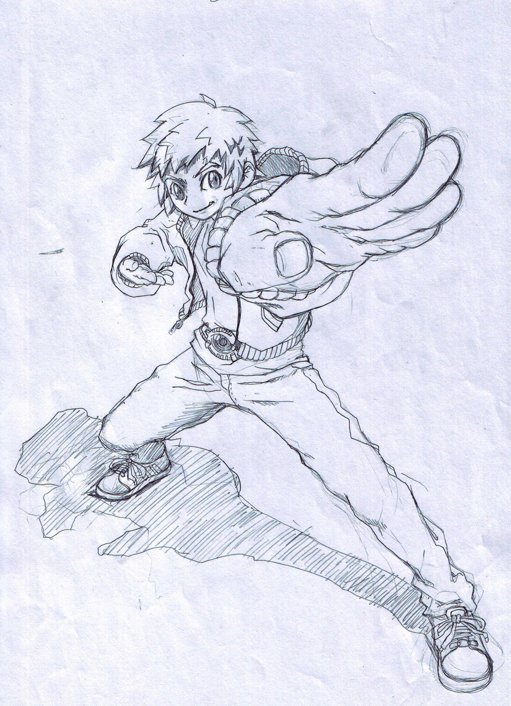 1boy, denim, fighting_stance, foreshortening, highres, hood, hoodie, jacket