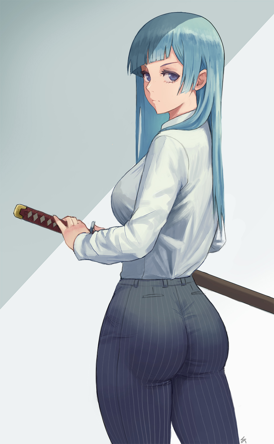 1girl, ass, blue_eyes, blue_hair, collared_shirt, diagonal_bangs, from_behind, highres, holding, holding_sword, holding_weapon, jujutsu_kaisen, light_blue_hair, long_hair, miwa_kasumi, pants, pinstripe_pants, pinstripe_pattern, sheath, shirt, shirt_tucked_in, solo, striped_clothes, striped_pants, sword, weapon, white_shirt, zefrableu