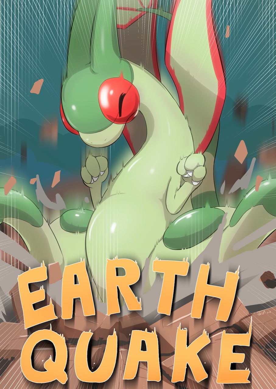 blurry, claws, closed_eyes, commentary_request, earthquake_(pokemon), emphasis_lines, flygon, gen_3_pokemon, highres, motion_lines, nintendo, no_humans, pokemon, pokemon_(creature), pokemon_move, rock, solo, sukiya_(sukiya84432252)