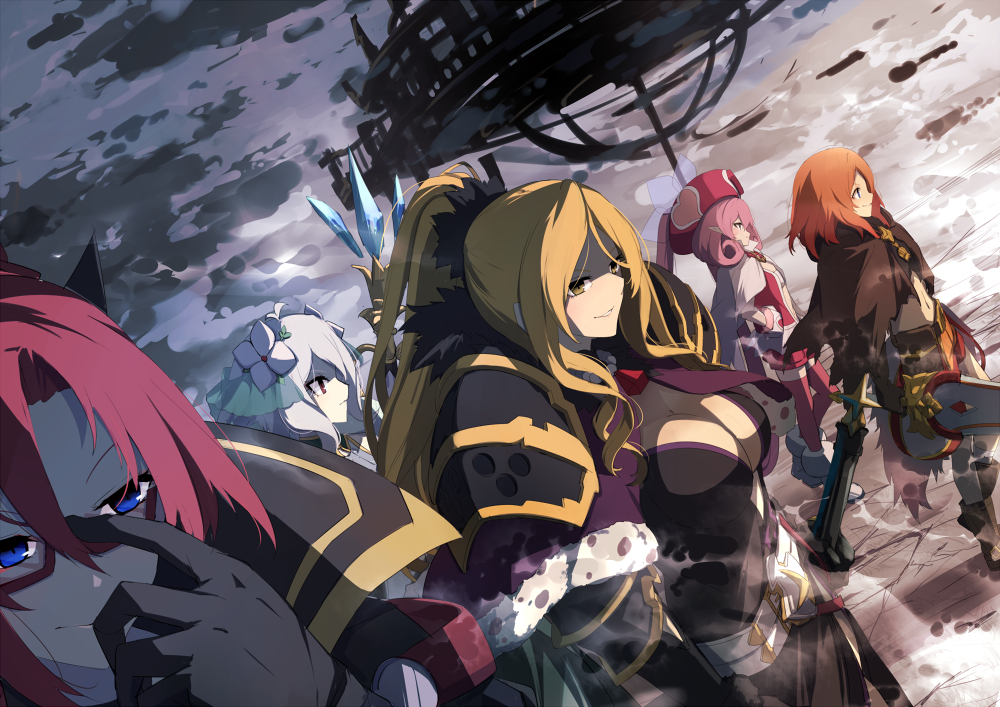 blonde_hair, blue_eyes, christina_(princess_connect!), hand_on_own_hip, kokkoro_(princess_connect!), labyrista_(princess_connect!), long_hair, momiji_oroshi