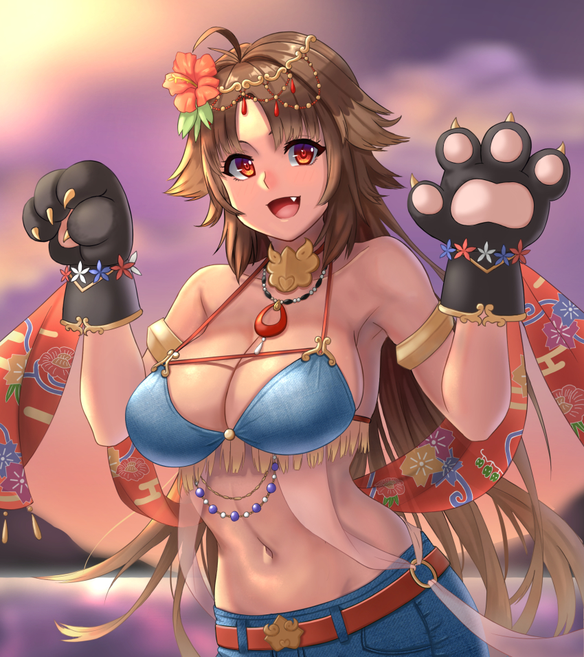 1girl, :d, absurdres, animal_ears, animal_hands, antenna_hair, armlet, armpits