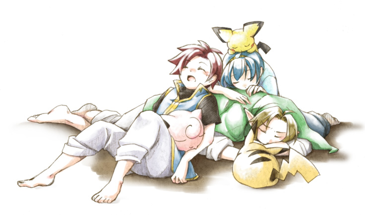 3boys, ayu_(ponzu), barefoot, blonde_hair, blue_hair, feet, fire_emblem, fire_emblem:_mystery_of_the_emblem, fire_emblem:_the_binding_blade, gen_1_pokemon, gen_2_pokemon, hat, jigglypuff, link, male_focus, marth_(fire_emblem), multiple_boys, nintendo, pichu, pikachu, pointy_ears, pokemon, pokemon_(creature), red_hair, roy_(fire_emblem), sleeping, smile, super_smash_bros., the_legend_of_zelda, tiara