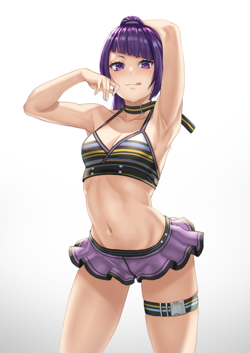 1girl, :q, arm_behind_head, armpits, arms_up, bare_shoulders, belt_collar, bikini, bikini_skirt, blunt_bangs, blush, breasts, cleavage, collar, collarbone, commentary, cowboy_shot, diagonal_bangs, groin, highres, idolmaster, idolmaster_shiny_colors, long_hair, looking_at_viewer, midriff, miniskirt, multicolored_bikini, navel, ponytail, purple_eyes, purple_hair, purple_skirt, sidelocks, simple_background, skindentation, skirt, small_breasts, solo, standing, stmoon, striped_bikini, striped_clothes, swimsuit, tanaka_mamimi, thigh_strap, tongue, tongue_out, white_background