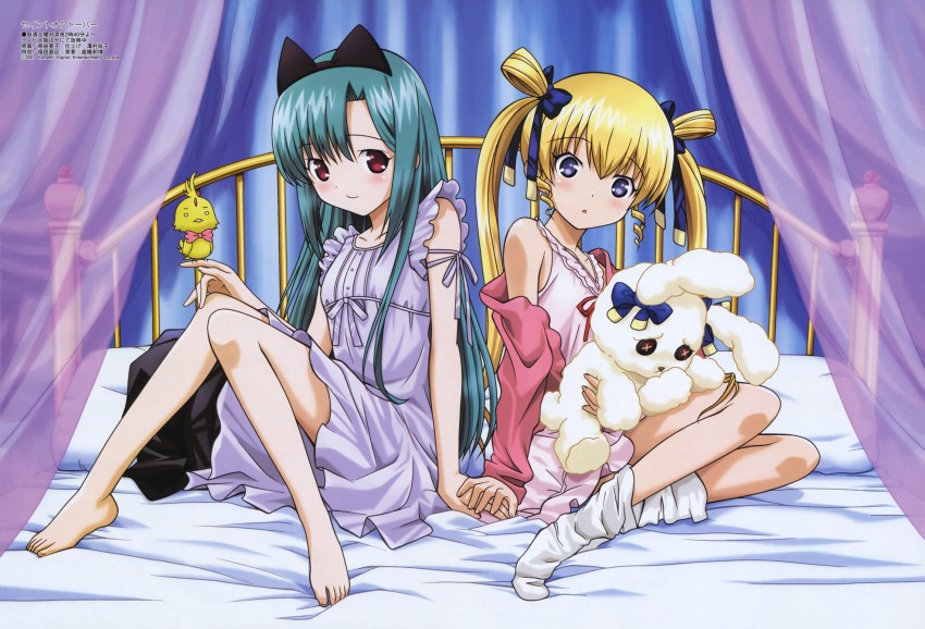 2girls, :o, absurdres, barefoot, bed, bird, bird_on_hand, blonde_hair