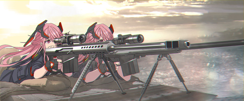 2girls, aiming, anti-materiel_rifle, barrett_m82, battleship_(movie), bipod, black_coat, black_gloves, coat, dual_persona, fingerless_gloves, girls'_frontline, gloves, gun, hood, hooded_coat, long_hair, lying, m82a1_(girls'_frontline), multiple_girls, on_stomach, parody, pink_eyes, pink_hair, rifle, scene_reference, scope, sniper_rifle, tab_(tabkun), weapon