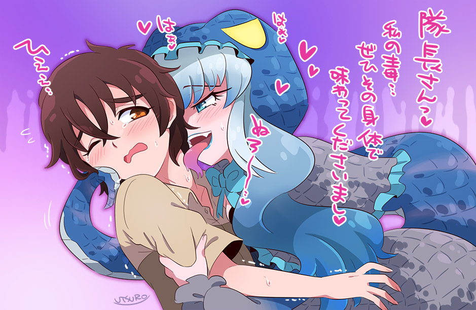 1boy, 1girl, blue_capelet, blue_dress, blue_eyes, blue_hair, blue_lips, blush