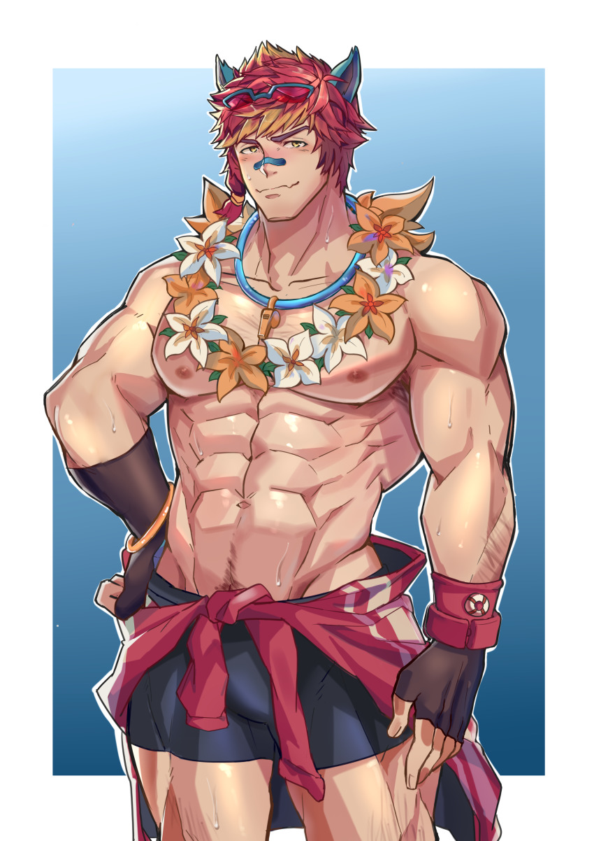 1boy, abs, absurdres, animal_ears, arm_hair, aussummer, bandaid, bandaid_on_face
