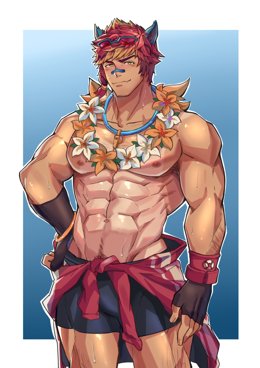 1boy, abs, absurdres, alternate_skin_color, animal_ears, arm_hair, aussummer, bandaid