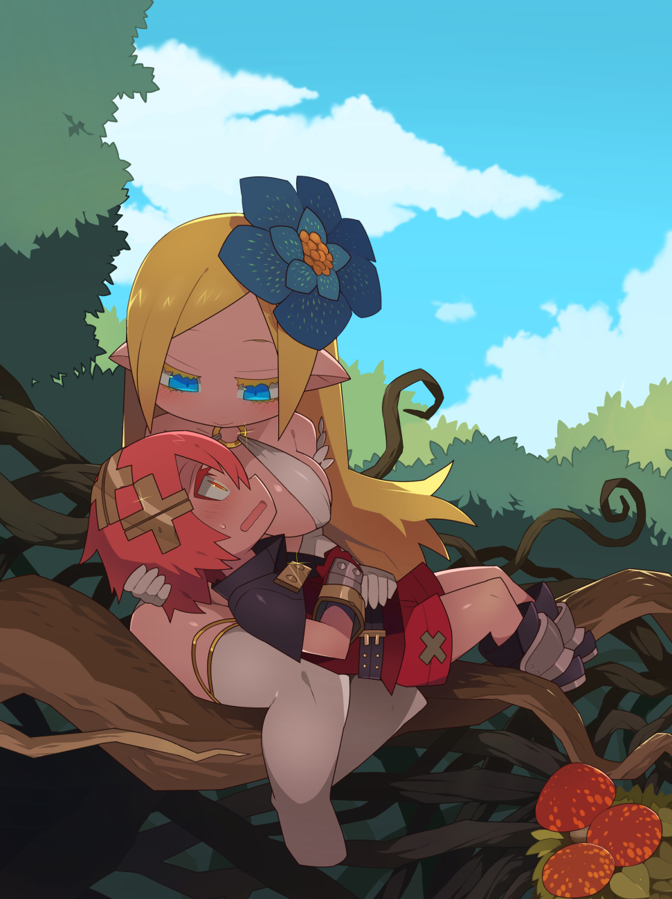 1boy, 1girl, belt, black_belt, black_footwear, blonde_hair, blue_eyes, blue_flower, blue_sky, blush, boots, breasts, capelet, chibi, cloud, commentary_request, day, elbow_gloves, flower, gauntlets, glint, gloves, hair_between_eyes, hair_flower, hair_ornament, hand_on_another's_stomach, head_grab, highres, kometsubu, large_breasts, long_hair, looking_at_another, lying, lying_on_lap, mushroom, no_pants, o-ring, o-ring_top, on_back, on_lap, orange_eyes, original, outdoors, parted_bangs, pointy_ears, profile, red_hair, red_mushroom, red_shorts, shorts, sitting, sitting_on_branch, sky, thighhighs, tree, underwear, white_gloves, white_thighhighs
