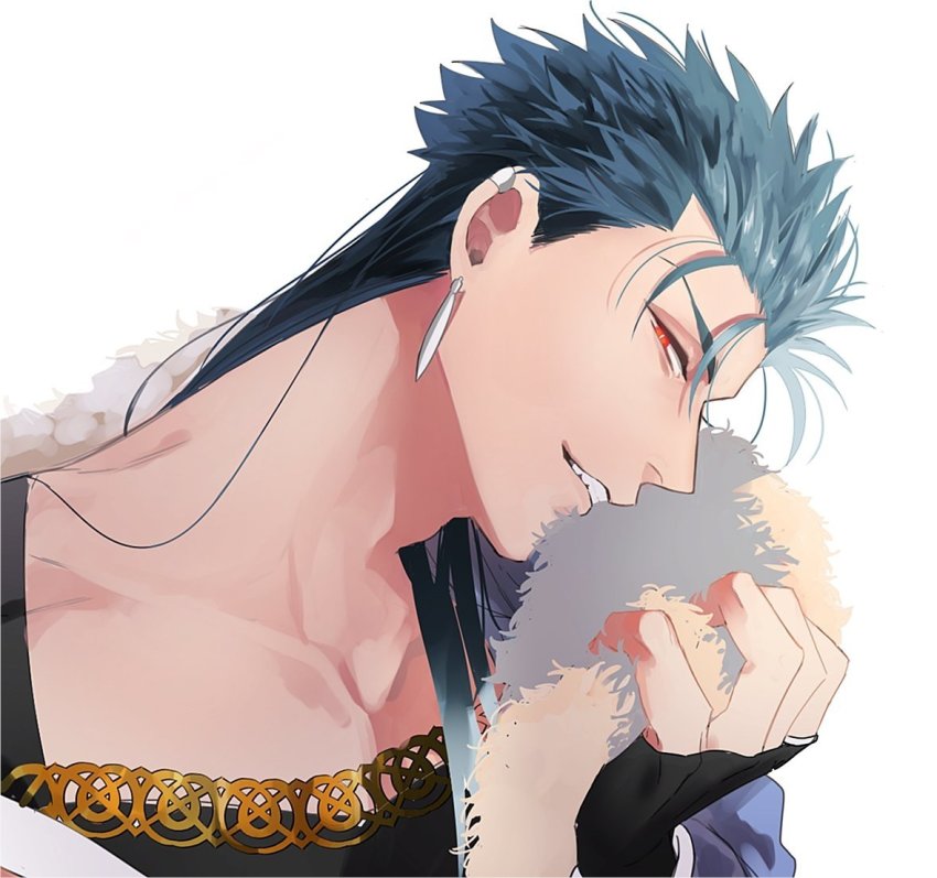 1boy, blue_hair, cu_chulainn_(caster)_(fate), cu_chulainn_(fate), earrings, fate/grand_order, fate_(series), fur-trimmed_hood, fur_trim, grin, hood, hood_down, jewelry, long_hair, looking_at_viewer, male_focus, maripaka, multiple_piercings, red_eyes, simple_background, smile, solo, spiked_hair