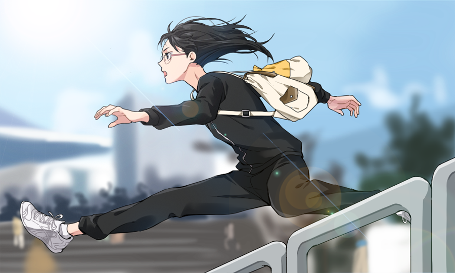 1girl, bag, black_hair, blurry, depth_of_field, from_side, full_body, glasses, haikyuu!!, jacket, jumping, long_hair, long_sleeves, neamvi, open_mouth, outdoors, pants, shimizu_kiyoko, shoes, sneakers, sunlight, track_jacket, track_pants, track_suit, white_footwear, white_legwear
